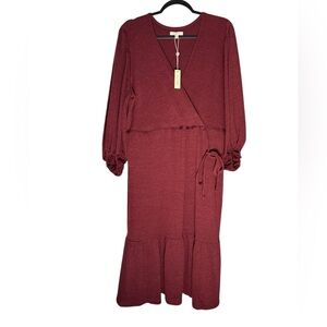 Max Studio Midi Dress Womens Extra Large Balloon Sleeve Ribbed Knit Red Wine NWT